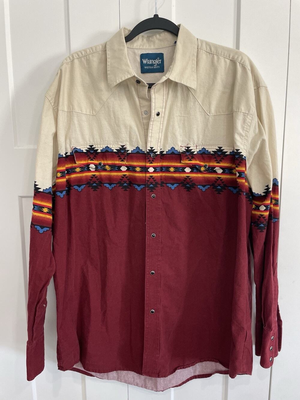 Vintage Wrangler Brushpopper Shirt Mens XL Aztec Tribal Print Western Black Snap